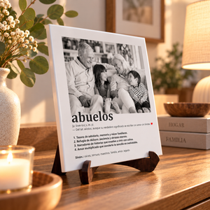 Azulejo de cerámica de 20x20 cm personalizado con la definición de abuelos y una foto en blanco y negr, detalle del acabado