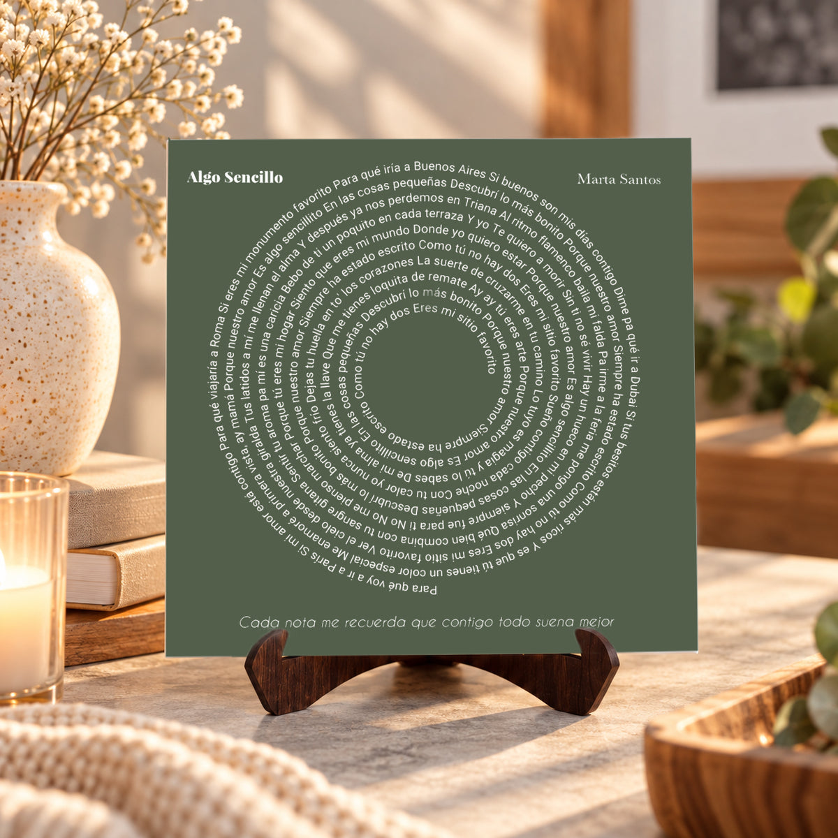 Azulejo de cerámica de 20x20 cm personalizado con la letra de una canción en espiral, vista frontal