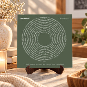 Azulejo de cerámica de 20x20 cm personalizado con la letra de una canción en espiral, vista frontal