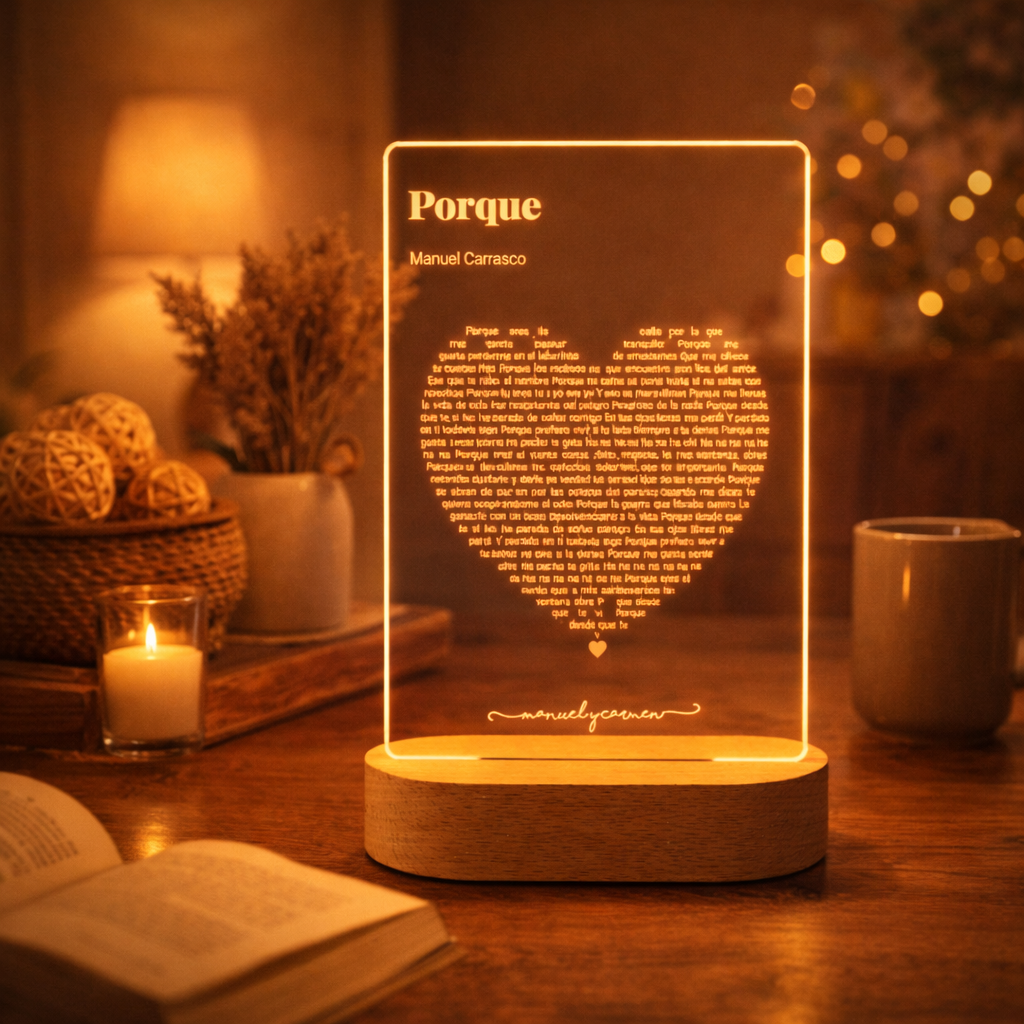Lámpara metacrilato grabada láser Texto Corazón