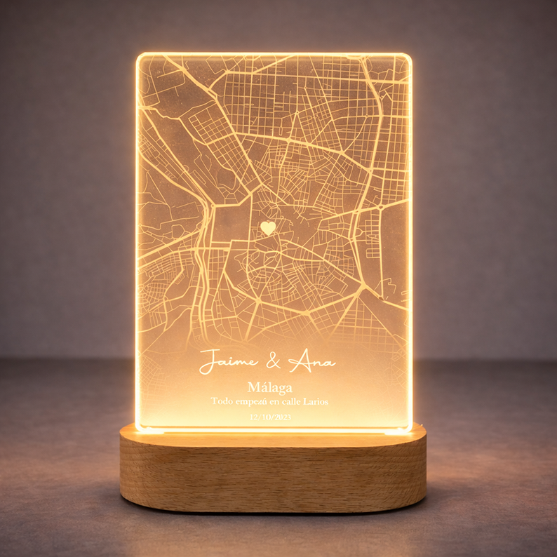 Lámpara metacrilato grabada láser Mapa donde todo empezó.