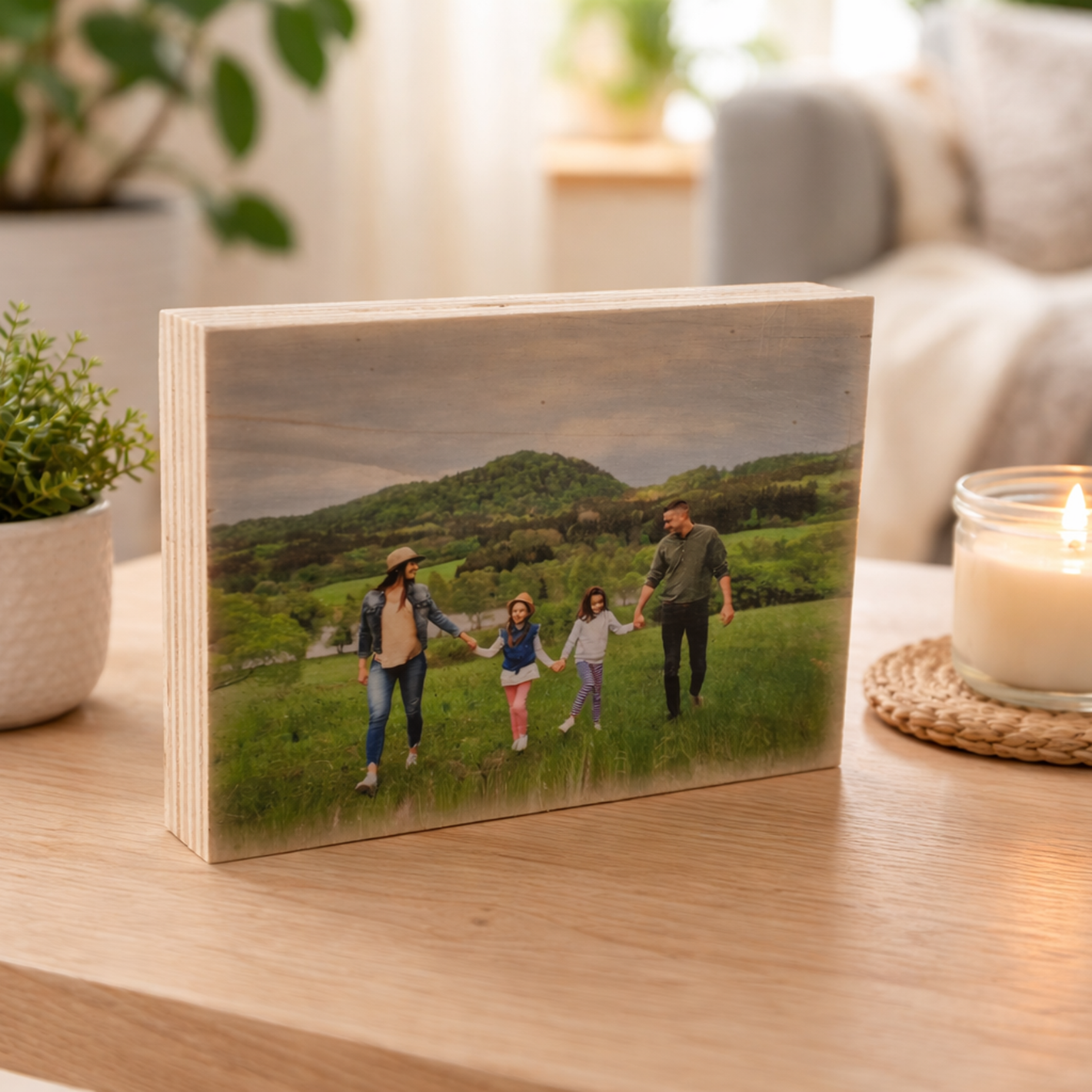 Foto Impresa en taco de madera y Texto grabado láser