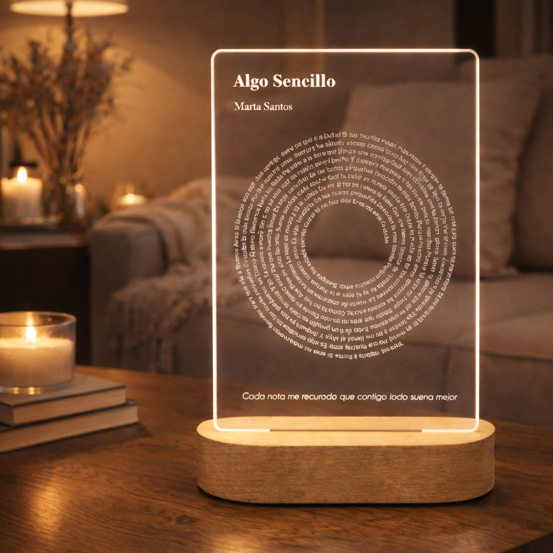 Lámpara metacrilato grabada láser Texto Canción Vinilo