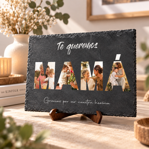 Pizarra natural personalizado con fotos dedicadas a mamá, vista frontal