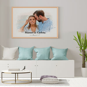 Cuadro Personalizado en Estilo Acuarela con Tu Foto y Nombres Horizontal - Regalo Original para Enamorados
