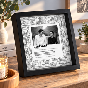 Cuadro enmarcado personalizado con el significado de amistad y una foto en blanco y negro, detalle del acabado