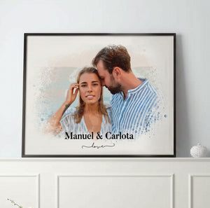 Cuadro Personalizado en Estilo Acuarela con Tu Foto y Nombres Horizontal - Regalo Original para Enamorados