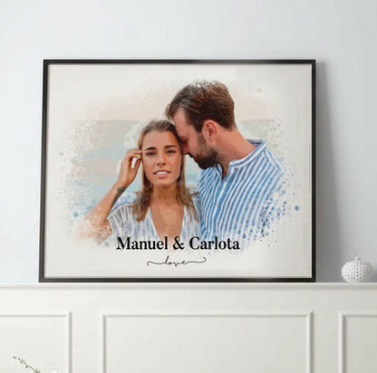 Cuadro Personalizado en Estilo Acuarela con Tu Foto y Nombres Horizontal - Regalo Original para Enamorados