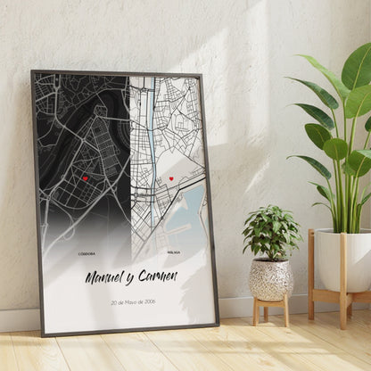 Mapa  Dúo Rectangular- Tus Lugares Especiales con Nombres y Fecha