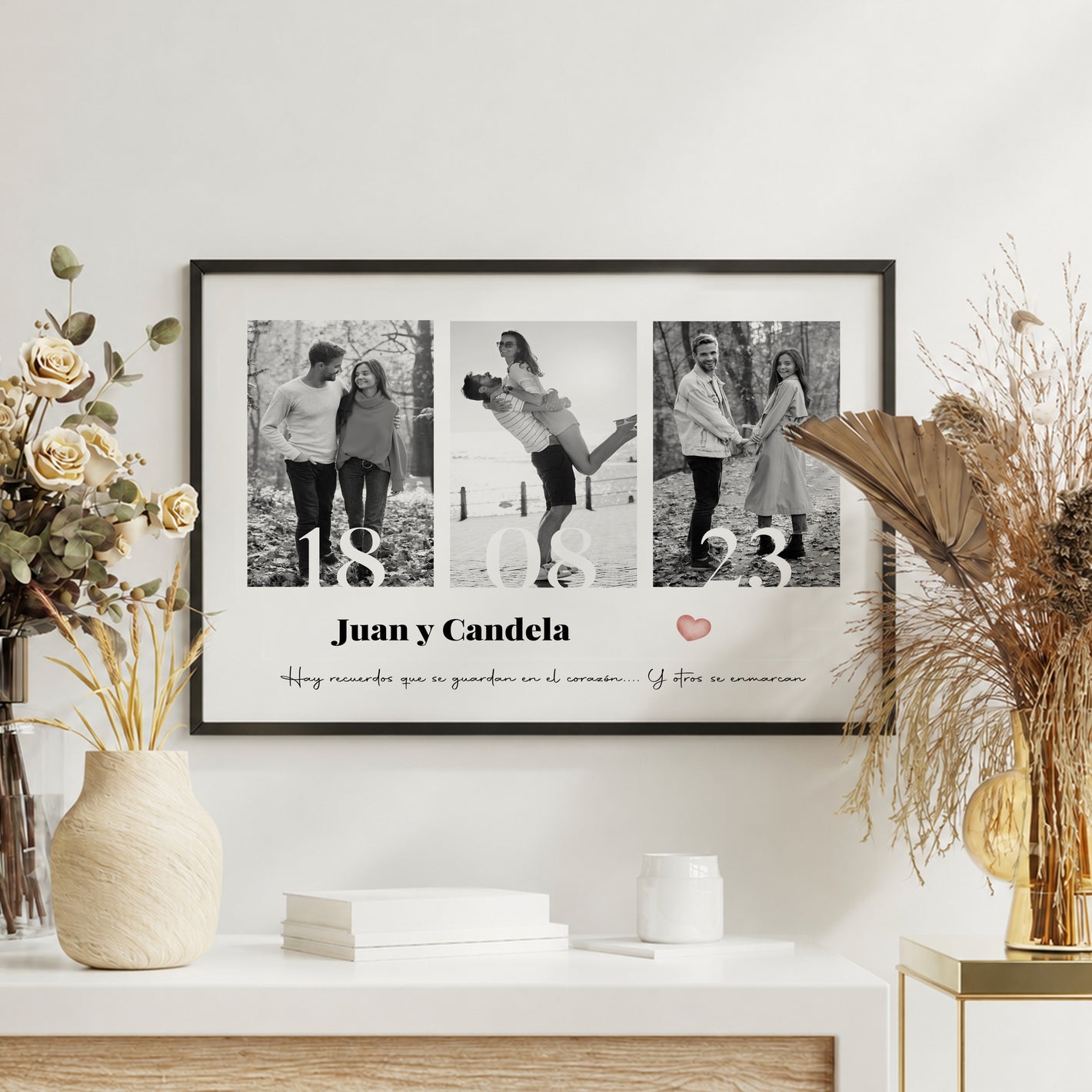 Cuadro Personalizado con tres fotos Blanco y negro fecha y dedicatoria