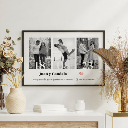 Cuadro Personalizado con tres fotos Blanco y negro fecha y dedicatoria