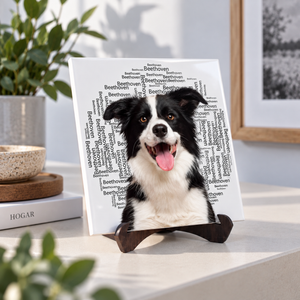 Azulejo de cerámica de 20x20 cm personalizado con la foto y el nombre de una mascota, vista frontal