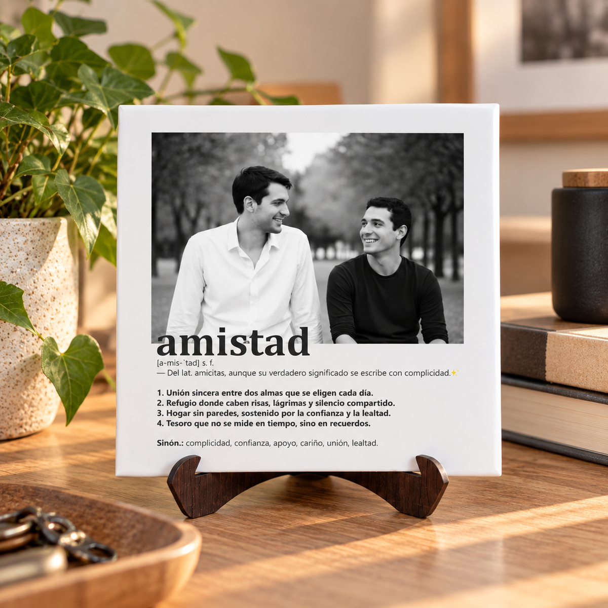 Azulejo de cerámica de 20x20 cm personalizado con la definición de amistad y una foto en blanco y negr, vista frontal