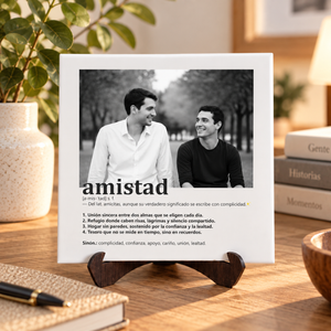 Azulejo de cerámica de 20x20 cm personalizado con la definición de amistad y una foto en blanco y negr, detalle del acabado