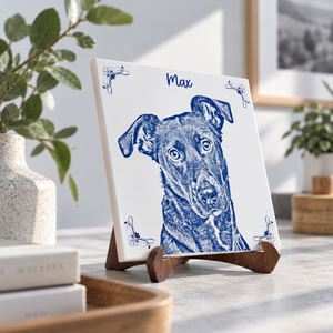 Azulejo de cerámica de 20x20 cm personalizado con la ilustración de línea de una mascota en azul, detalle del acabado