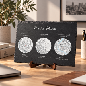 Pizarra natural personalizado con los mapas de tres lugares, vista frontal