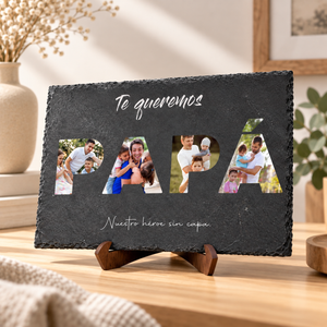 Pizarra natural personalizado con fotos dedicadas a papá, detalle del acabado