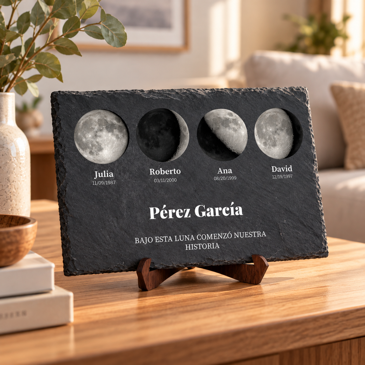 Pizarra natural personalizado con las fases de la luna, vista frontal